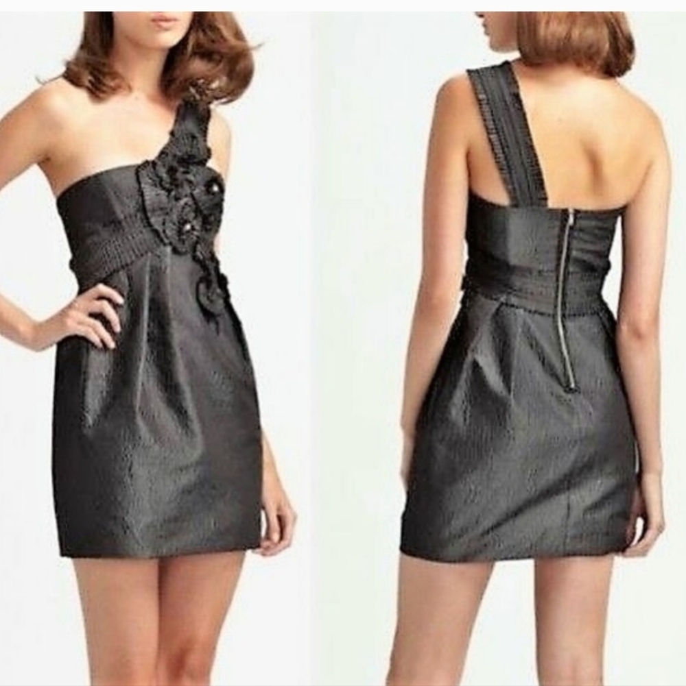 BCBGMaxAzria Gunmetal Floral One Shoulder Dress